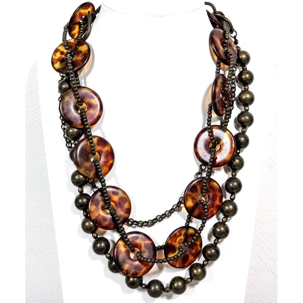 Premier Designs Bronze Faux Tortoise Shell‎ Disc Multi Strand Necklace 18.5"